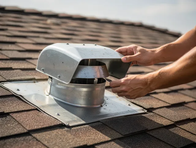 Rockland Dryer Vent Cleaning certified technician safely cleaning a roof-mounted dryer vent in Rockland
